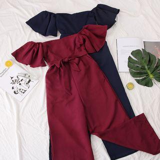Boatneck Ruffled-trim Wide-leg Jumpsuit