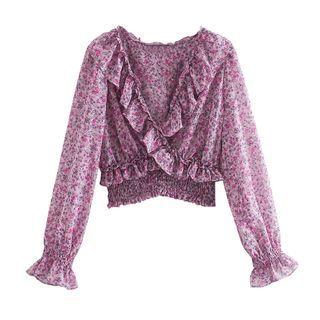 Floral Print V-neck Cropped Blouse