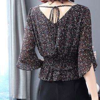 Set: Bell-sleeve Floral Blouse + Boot-cut Pants
