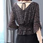 Set: Bell-sleeve Floral Blouse + Boot-cut Pants
