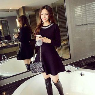Long-sleeve Rhinestone A-line Dress