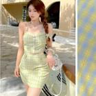 Sleeveless Chain Accent Check Top / Slim-fit Skirt