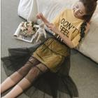 Set: Elbow-sleeve Lettering T-shirt Dress + Sheer Midi Skirt