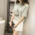 Sequined Cat Short-sleeve Knit Top