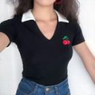 V-neck Cherry Embroidered Short-sleeve T-shirt