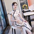 Short-sleeve Floral Lace Trim Midi Qipao Dress