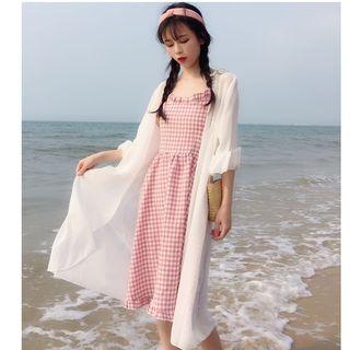 Sleeveless Frill Trim Gingham A-line Dress / 3/4-sleeve Chiffon Light Jacket