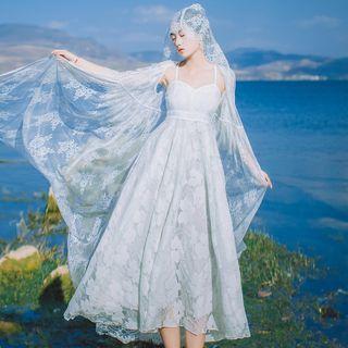Set: Spaghetti Strap Lace Midi A-line Dress + Shawl
