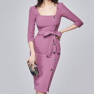 3/4-sleeve Square-neck Bodycon Dress