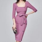 3/4-sleeve Square-neck Bodycon Dress