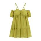 Puff-sleeve Cold-shoulder Mini A-line Dress Green - One Size