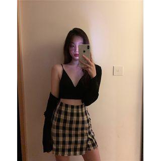 Lace Cropped Camisole Top / Cropped Cardigan / Plaid Mini Pencil Skirt