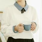 Long-sleeve Contrast Collar Chiffon Top White - One Size