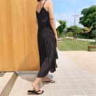 Spaghetti-strap Pleated-hem Dotted Dress