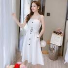 Spaghetti-strap Lettering Panel Single-breasted Denim Dress