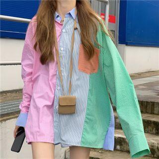 Plaid Striped Panel Shirt Pink & Blue & Green - One Size