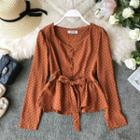 Long-sleeve Polka Dot Tie-waist Chiffon Top