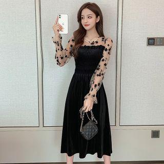 Long-sleeve Floral Lace Panel Midi Dress