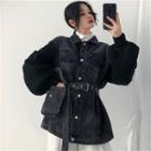 Set: Cable Knit Sleeve Denim Jacket + Denim Belt Bag With Belt Bag - Jacket - Black - One Size