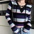 Striped Ribbed Knit Top Stripe - Blue & Light Blue & Purple - One Size