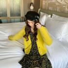 Button Cardigan / Long-sleeve Floral Mini A-line Dress