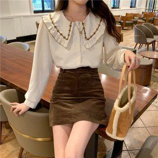 Embroidered Frill Trim Blouse Almond - One Size