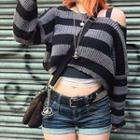 Long Sleeve Cold Shoulder Striped Crop Sweater