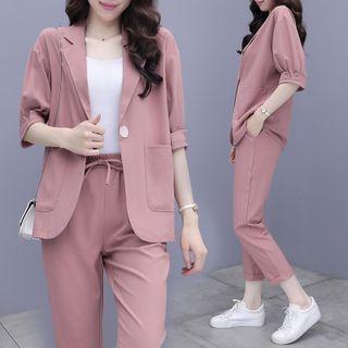 Set: Elbow-sleeve One-button Blazer + Cropped Pants