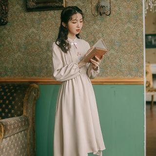 Mandarin Collar Floral Embroidered Midi A-line Dress