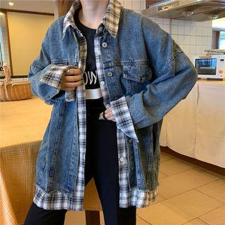 Mock Two-piece Plaid Panel Denim Jacket Blue - One Size