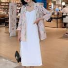 Floral Print 3/4 Sleeve Blazer / Spaghetti-strap A-line Dress