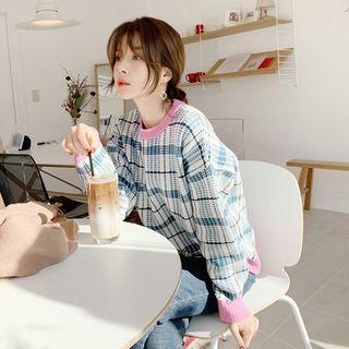 Plaid Rib-knit Sweater Ivory - One Size