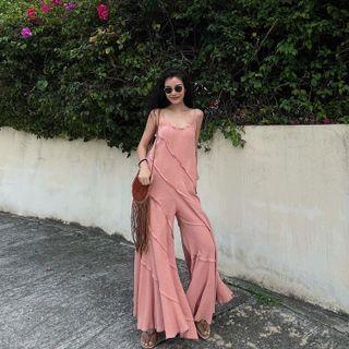 V-neck Plain Ruffle Wide Leg Jumpsuit