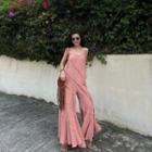 V-neck Plain Ruffle Wide Leg Jumpsuit