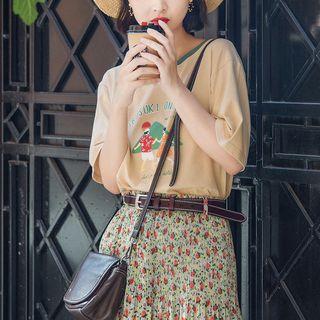 Short-sleeve Print T-shirt Dark Khaki - One Size