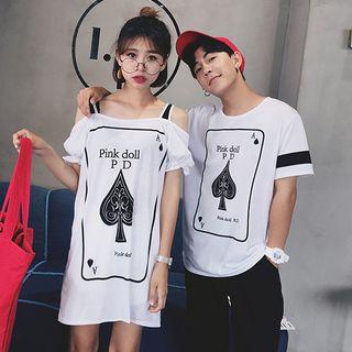 Couple Matching Printed Short-sleeve T-shirt / Printed Off-shoulder Short-sleeve T-shirt Dress