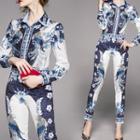 Set: Flower Print Blouse + Cropped Straight-fit Pants