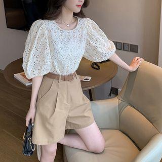 Set: Puff-sleeve Eyelet Lace Blouse + Plain Shorts
