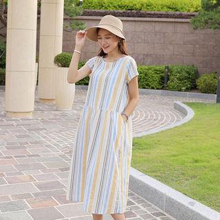 Round-neck Button-back Striped Dress