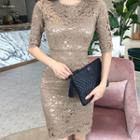 Elbow-sleeve Laced Bodycon Dress