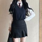 Double-breasted Jacket / Sweater Vest / Pleated Pencil Skirt