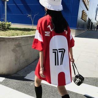 Color Block Lettering Elbow-sleeve T-shirt