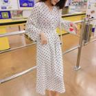 Long-sleeves Sashed Polka Dot Dress