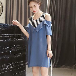 Elbow-sleeve Striped Cold-shoulder Mock Two-piece Dress