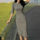 Elbow-sleeve Midi Knit Sheath Dress