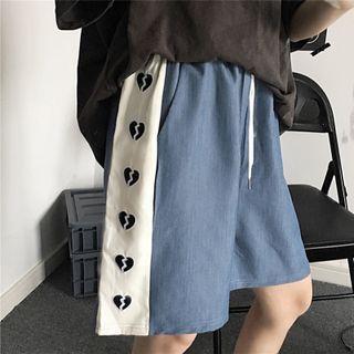 Heart Pattern Embroidered Straight Cut Shorts