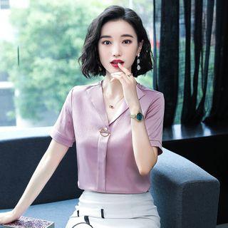 Short-sleeve Metal Accent V-neck Blouse