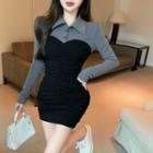 Mock Two-piece Long-sleeve Polo-neck Sheath Dress