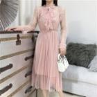 Set: Long-sleeve Dotted Midi A-line Mesh Dress+ Slipdress