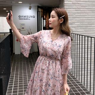 Ruffle-sleeve Floral Print Chiffon Dress Pink - One Size